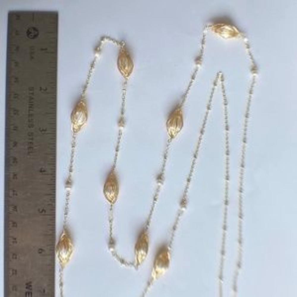 42" White Cultured Pearl Gold Chain Necklace 14K Yellow Gold Plate - Picture 7 of 11